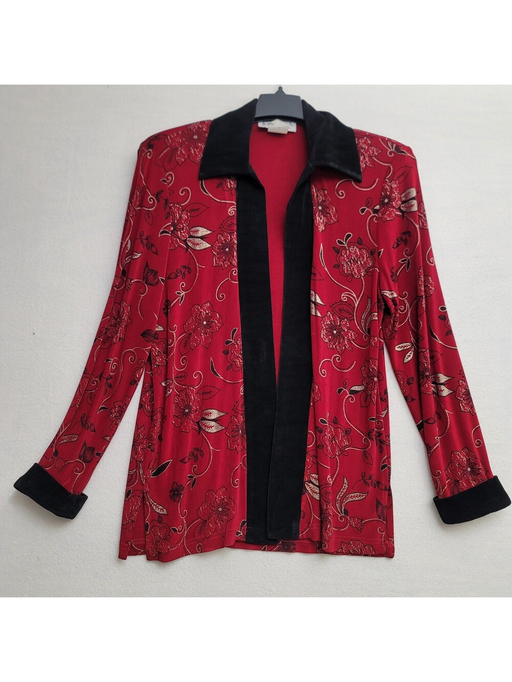 Amanda Red Floral Long Sleeve Blouse with Black Collar and Cuffs Size S